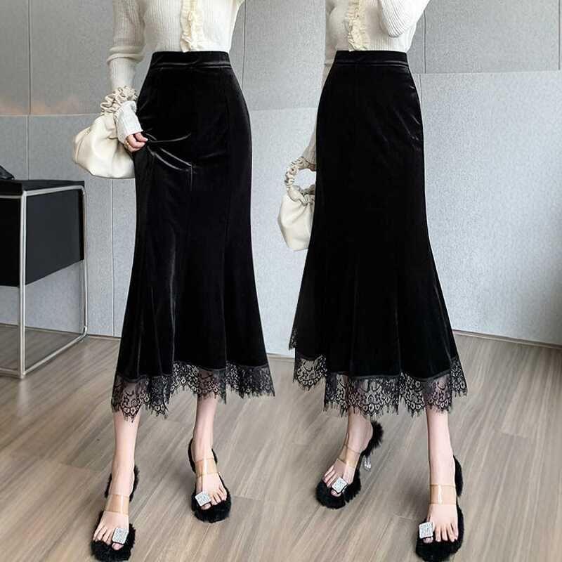 High Waist Lace Trim Midi Mermaid Skirt Product Image