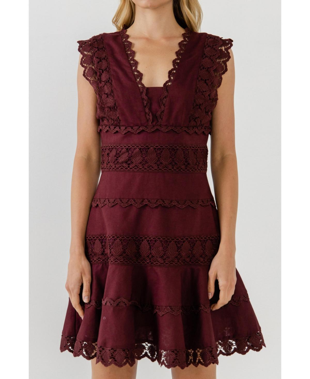 Womens Plunging Neck Lace Trim Dress Product Image