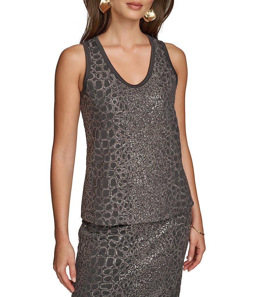 Donna Karan Chenille Croc Sequin Embellished Scoop Neck Tank Top Product Image