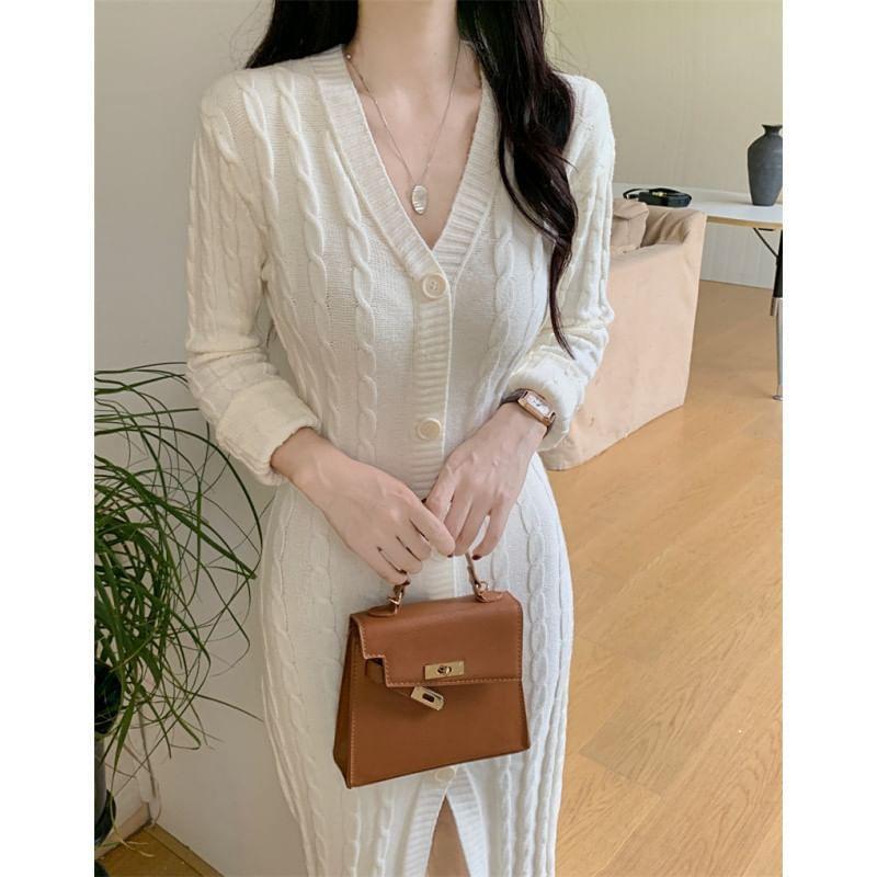 Long-Sleeve V-Neck Plain Button Front Cable Knit Midi Sheath Dress Product Image