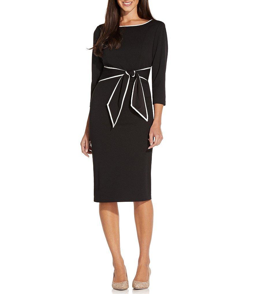 Adrianna Papell Contrasting Trim Boat Neck 3/4 Sleeve Tie Waist Crepe Sheath Dress Product Image