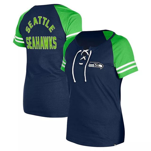 Womens New Era College Seattle Seahawks Lace-Up Raglan T-Shirt Blue Product Image