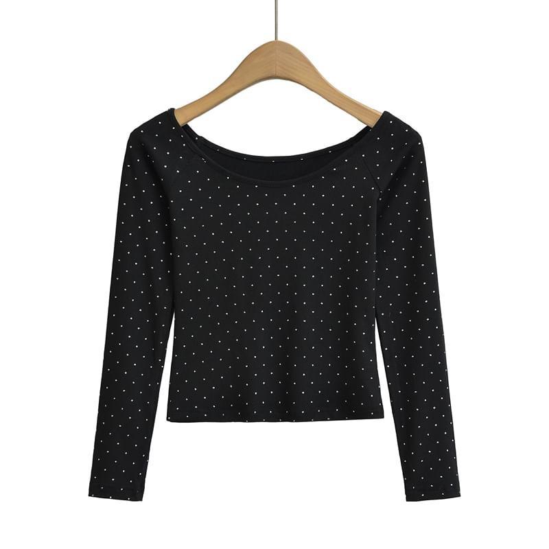 Long Sleeve Round Neck Dotted Cropped T-Shirt Product Image