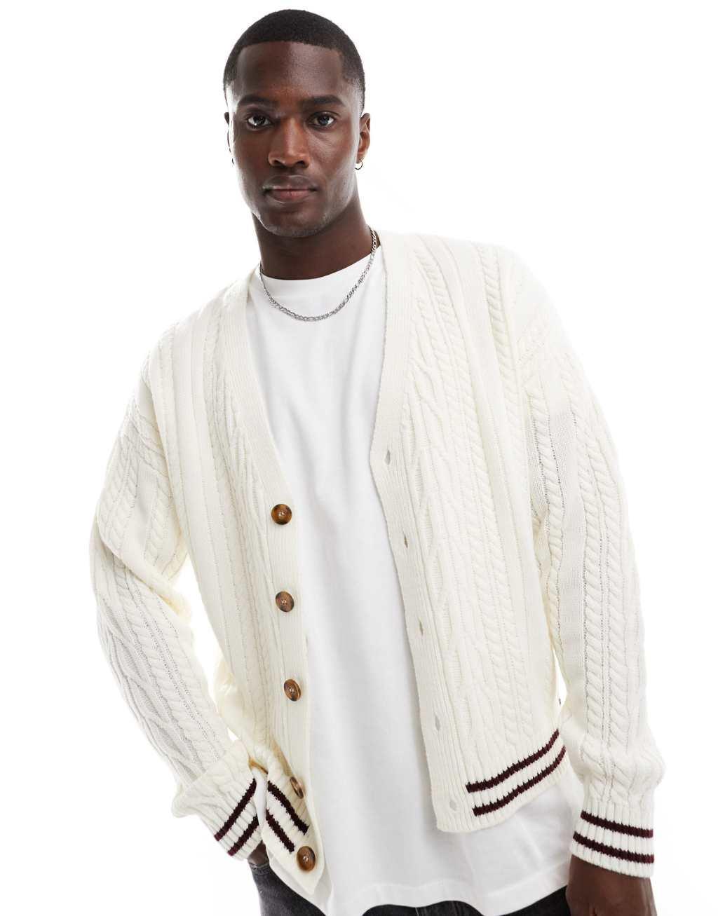 ASOS DESIGN boxy relaxed cable knit cardigan in cream with burgundy tipping Product Image