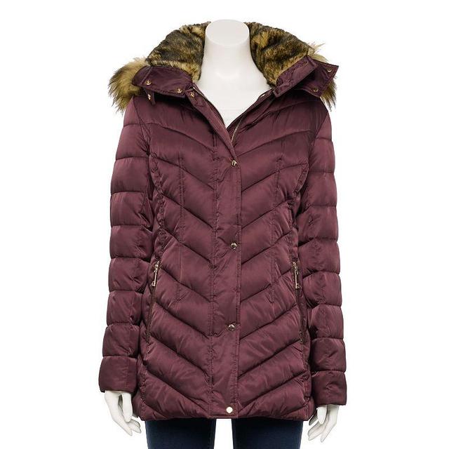 Womens Nine West Faux-Fur Hood Puffer Jacket Red Product Image