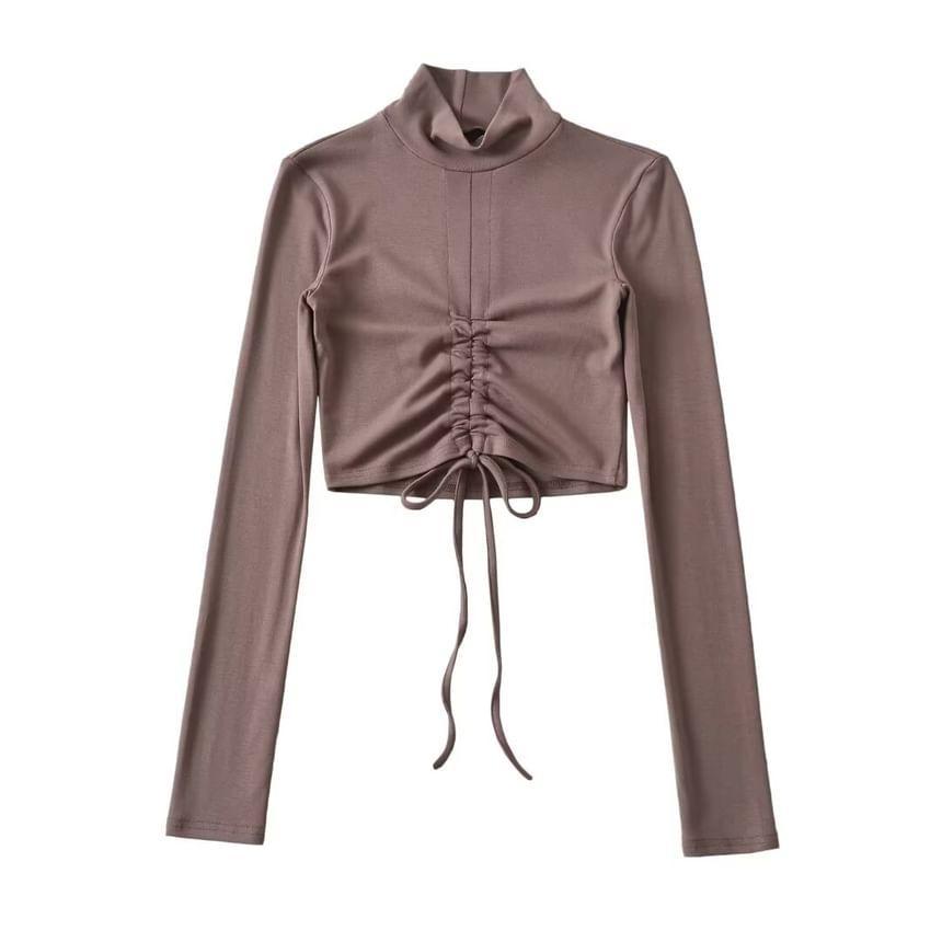 Long-Sleeve Turtleneck Plain Drawstring Cropped T-Shirt Product Image