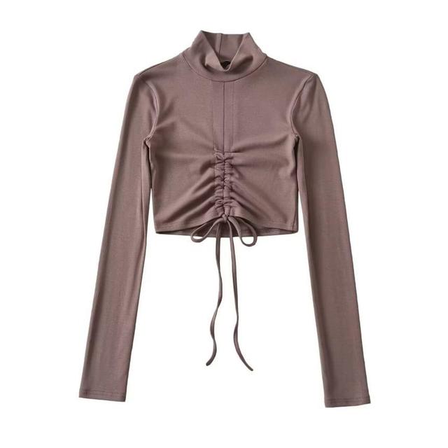 Long-Sleeve Turtleneck Plain Drawstring Cropped T-Shirt Product Image