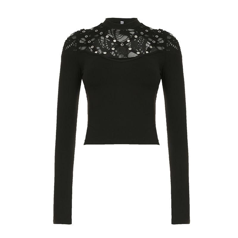 Long Sleeve Cut-Out Distressed Slim-Fit Crop Top Product Image