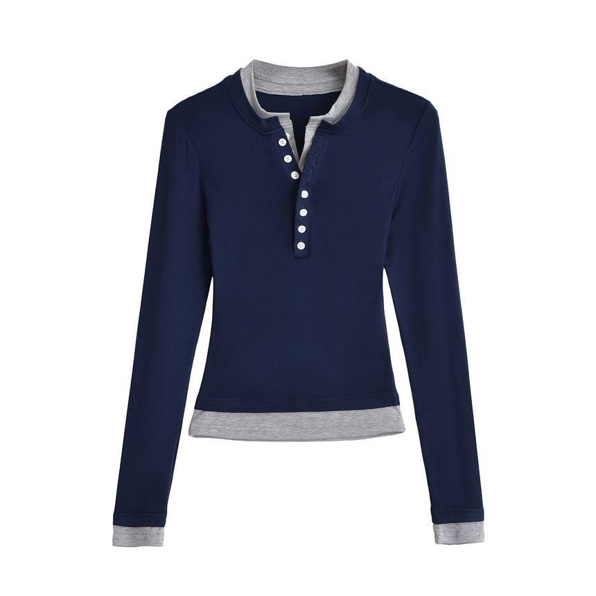 Mock Two-Piece Long-Sleeve Two-Tone Henley Tee Product Image