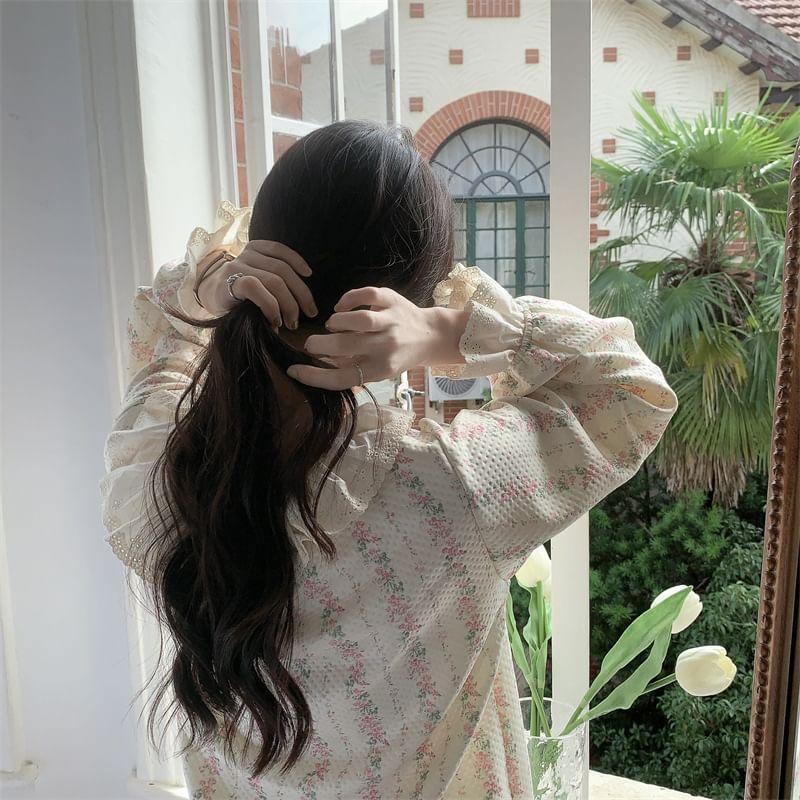 Pajama Set: Long-Sleeve Floral Print Lace Ruffle Button-Up Top + Pants Product Image