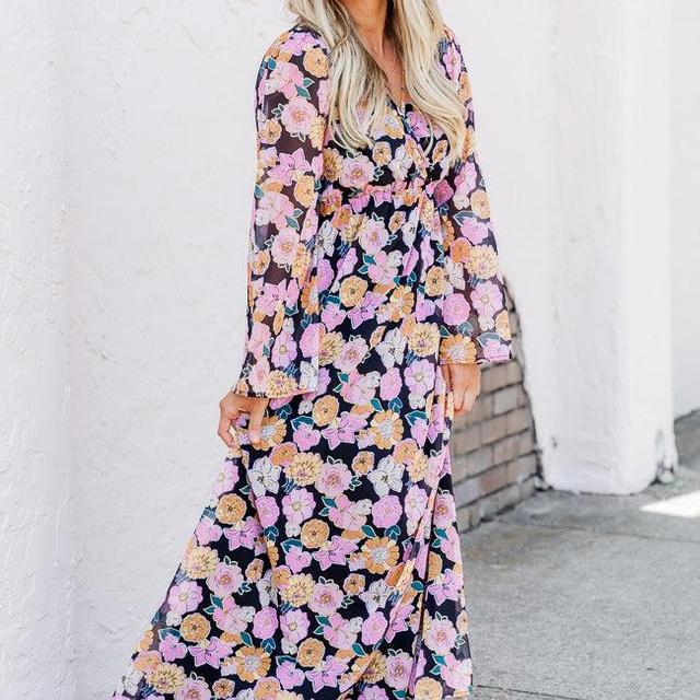 Dance The Night Away Black Multi Floral Long Sleeve Maxi Dress FINAL SALE Product Image