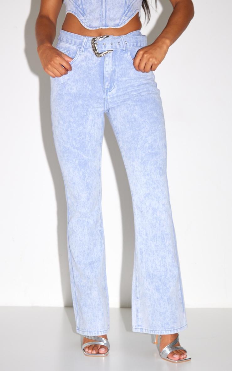 Washed Blue Western Belt Flared Jeans Product Image