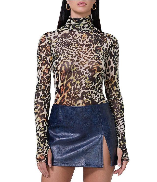 AFRM Zadie Animal Printed Mesh Turtleneck Long Sleeve Top Product Image