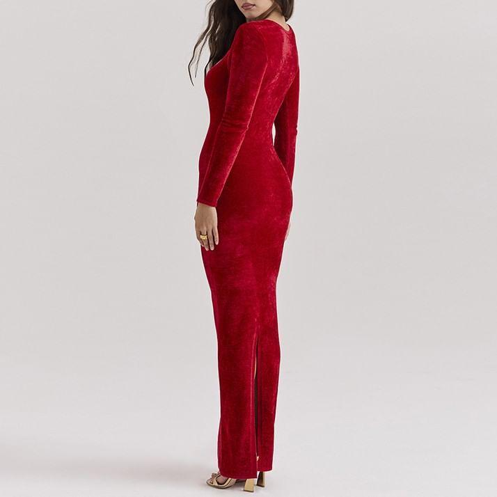 Long-Sleeve Sweetheart-Neckline Midi Velvet Bodycon Dress Product Image