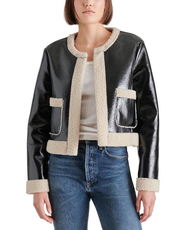 Steve Madden Womens Fienne Faux-Leather Fleece-Trim Jacket Product Image