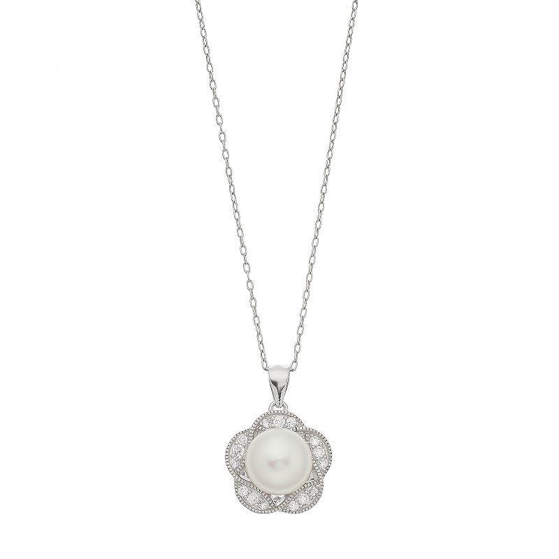 Sterling Silver Freshwater Cultured Pearl Cubic Zirconia Flower Pendant, Womens Product Image