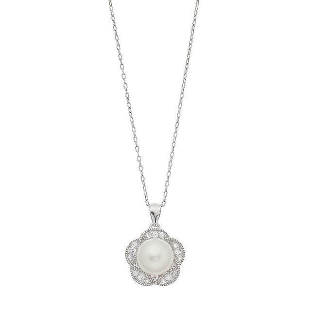 Sterling Silver Freshwater Cultured Pearl Cubic Zirconia Flower Pendant, Womens White Product Image