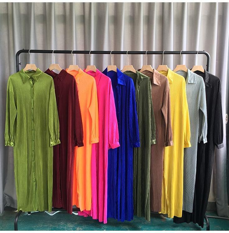 Long-Sleeve Button-Up Plain Maxi Dress Product Image