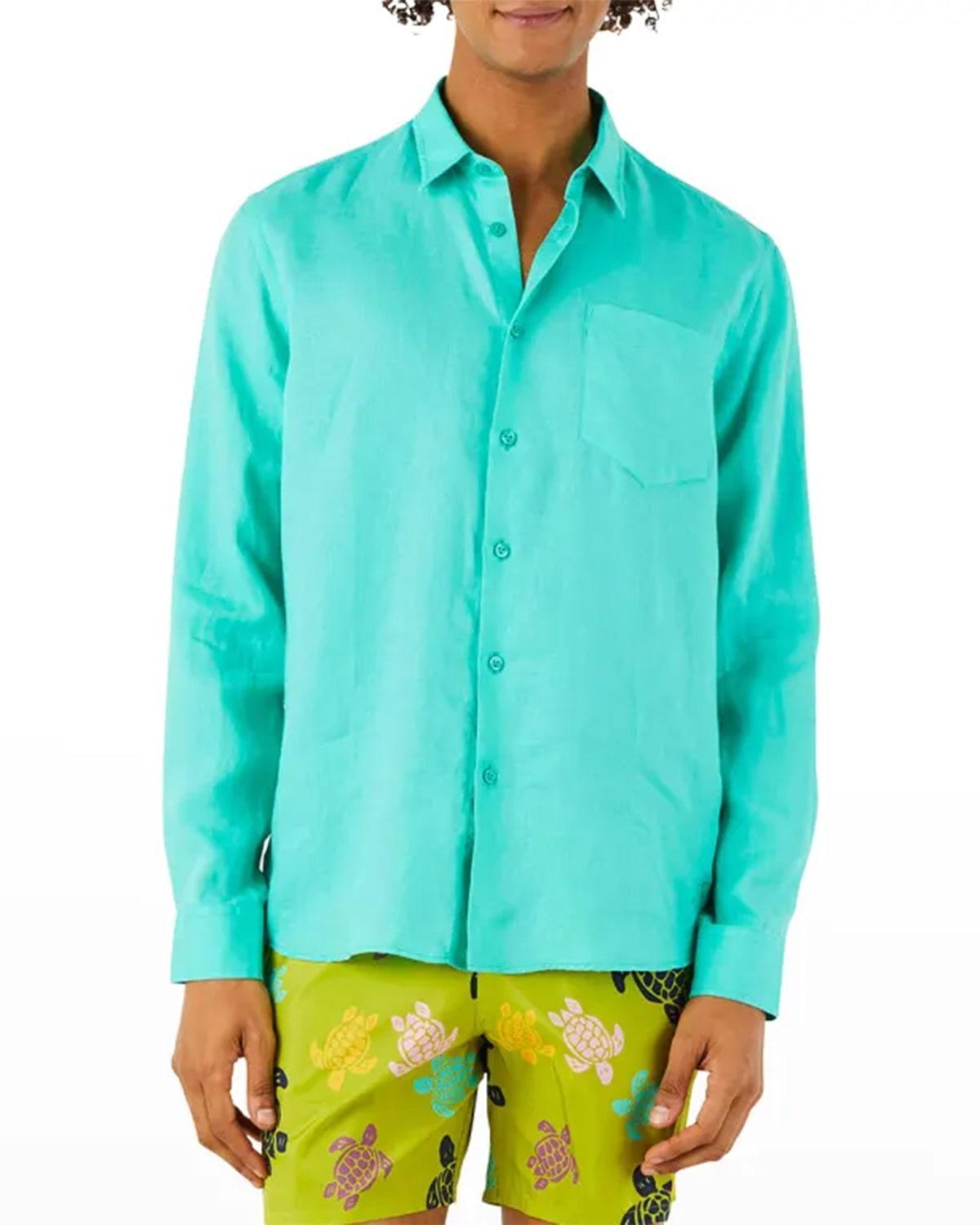 Vilebrequin Men Linen Shirt Solid - Shirt - Caroubis - Green - Size M - Vilebrequin Product Image