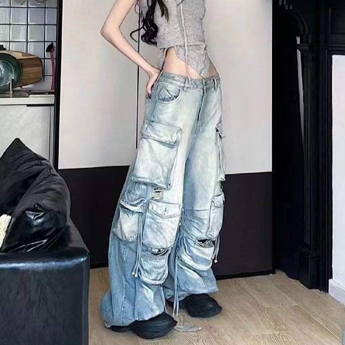 Low Waist Washed Ripped Wide Leg Cargo Jeans Product Image