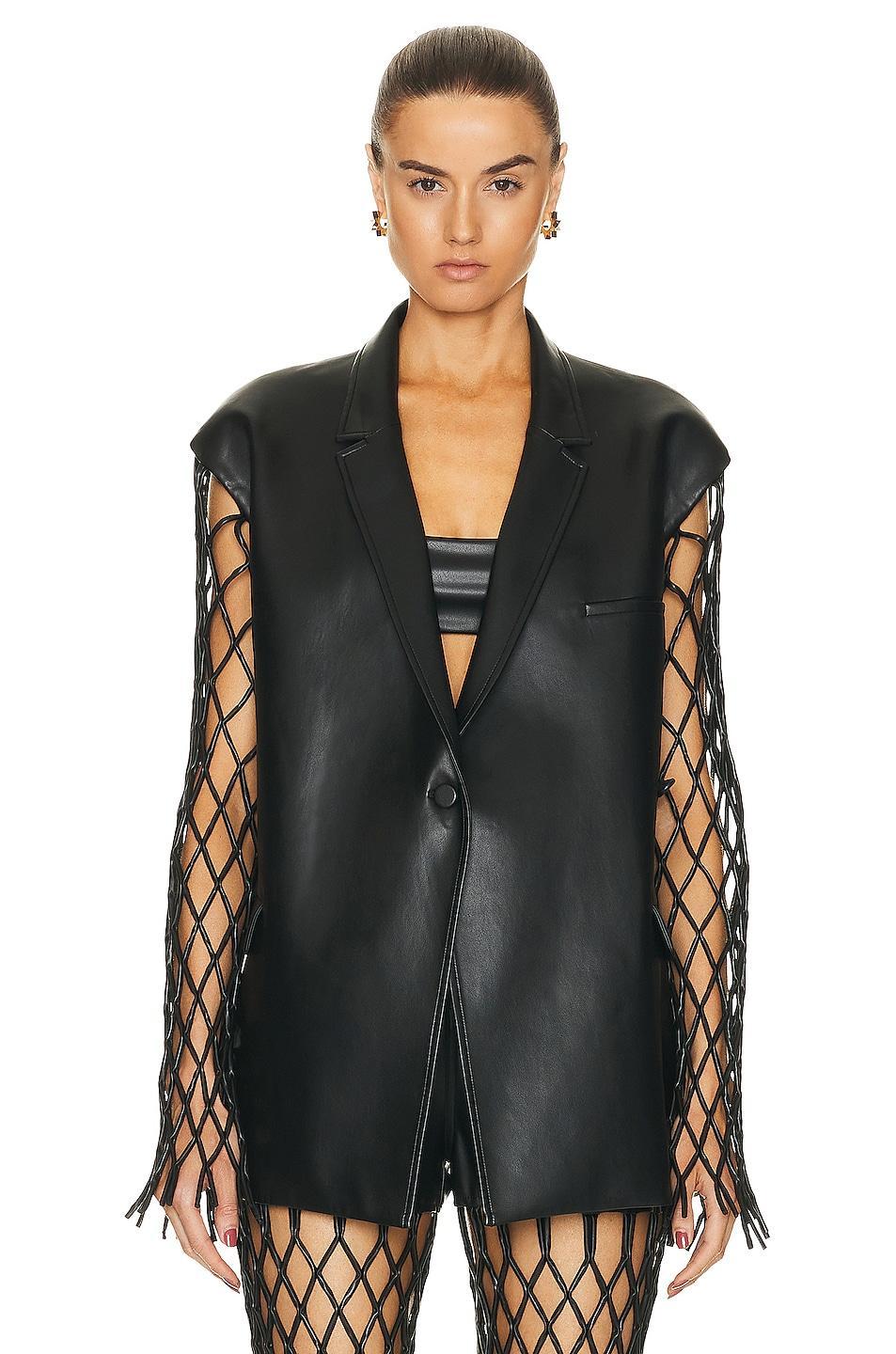 Lapointe Stretch Faux Leather Mesh Sleeved Wrap Blazer in Black Product Image