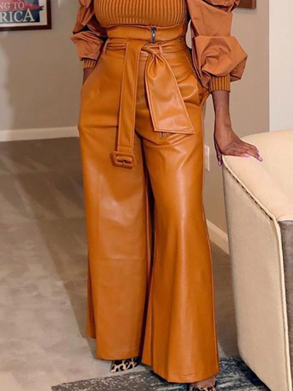 High Waisted Wide Leg Belted Solid Color Zipper Pants Trousers Product Image