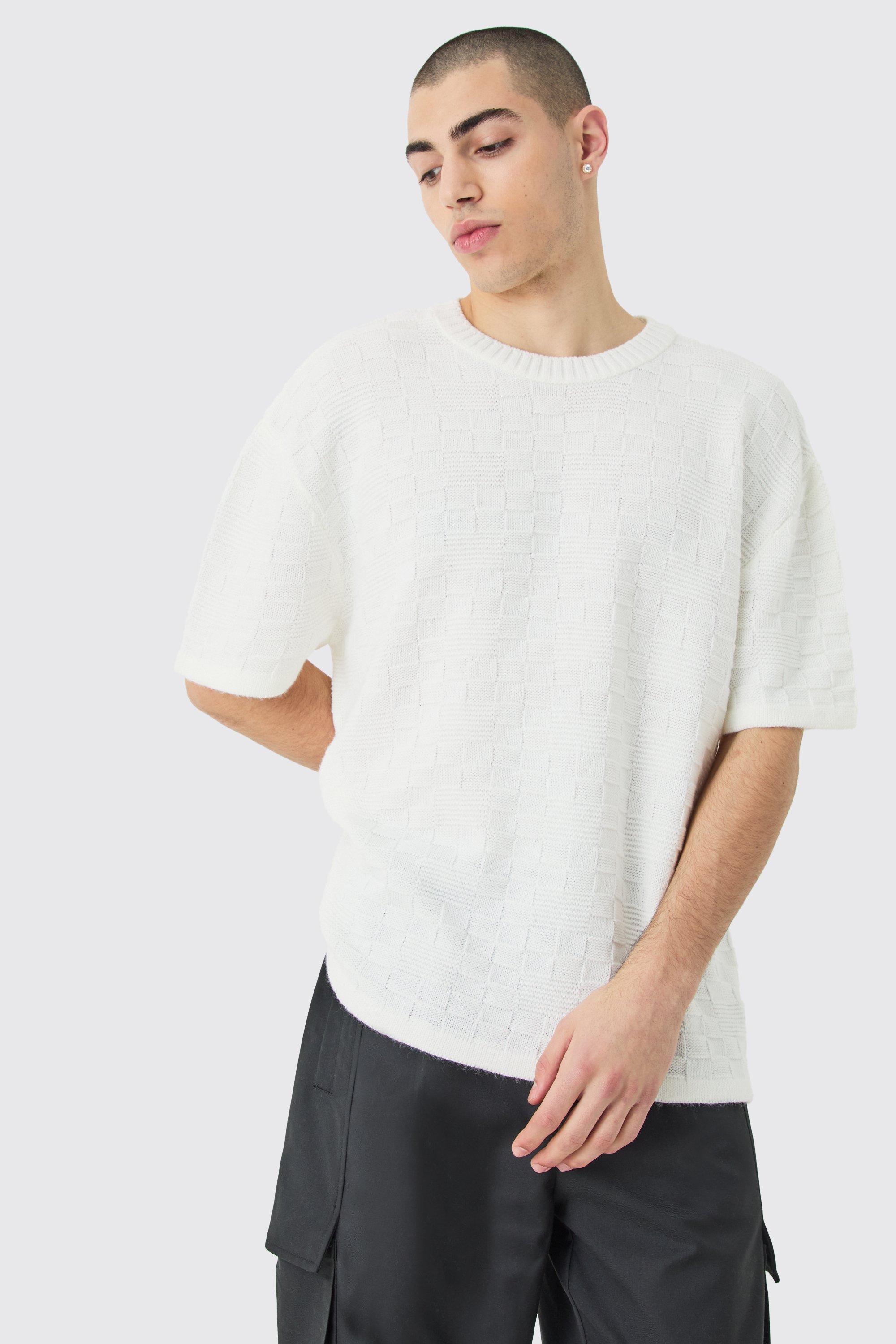 Mens Oversized Textured Knit T-shirt In White, White Product Image