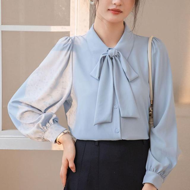 Long-Sleeve Ribbon Neck Plain Blouse Product Image