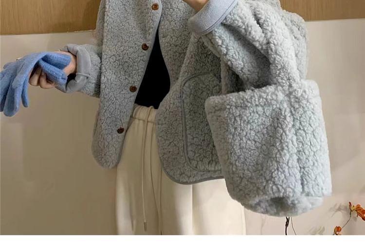 Round Neck Plain Fleece Button Jacket Product Image