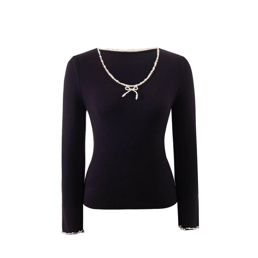 Long Sleeve Faux Pearl Bow Accent Slim-Fit Top Product Image