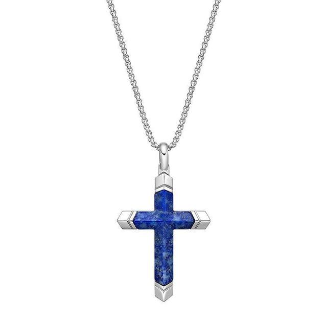 Mens LYNX Stainless Steel & Lapis Stone Cross Pendant Necklace Multicolor Product Image