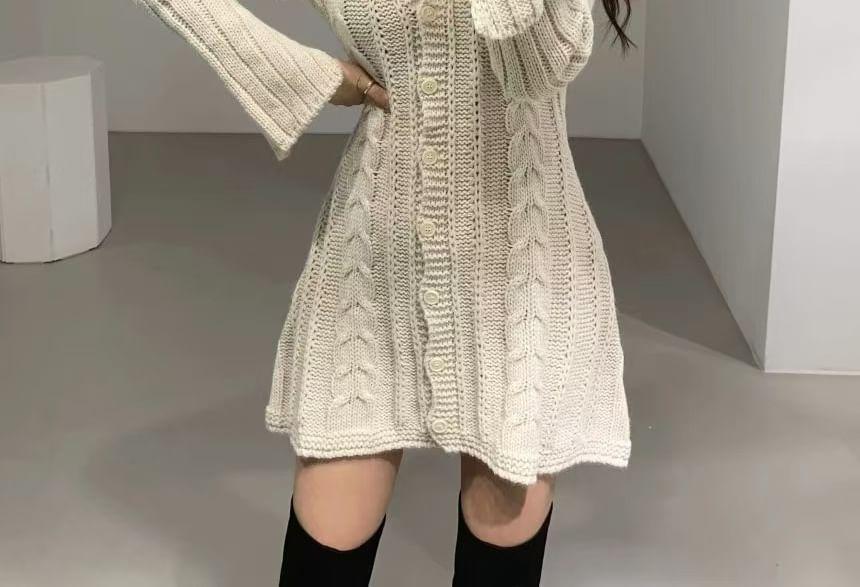 Long-Sleeve V-Neck Cable Knit Button Front Mini Sheath Knit Dress Product Image