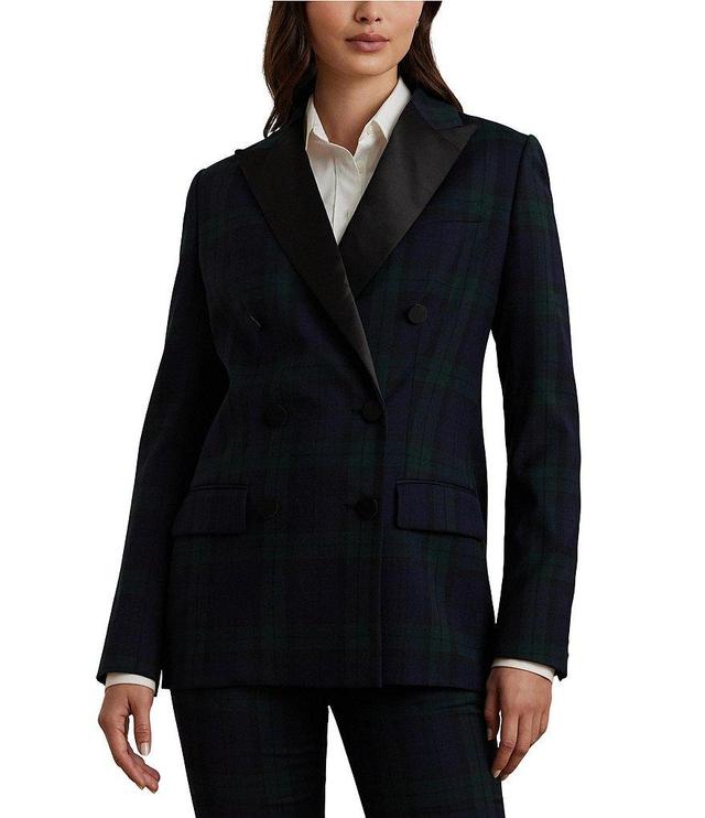 Lauren Ralph Lauren Plaid Print Wool Blend Twill Satin Peak Lapel Double Breasted Blazer Product Image