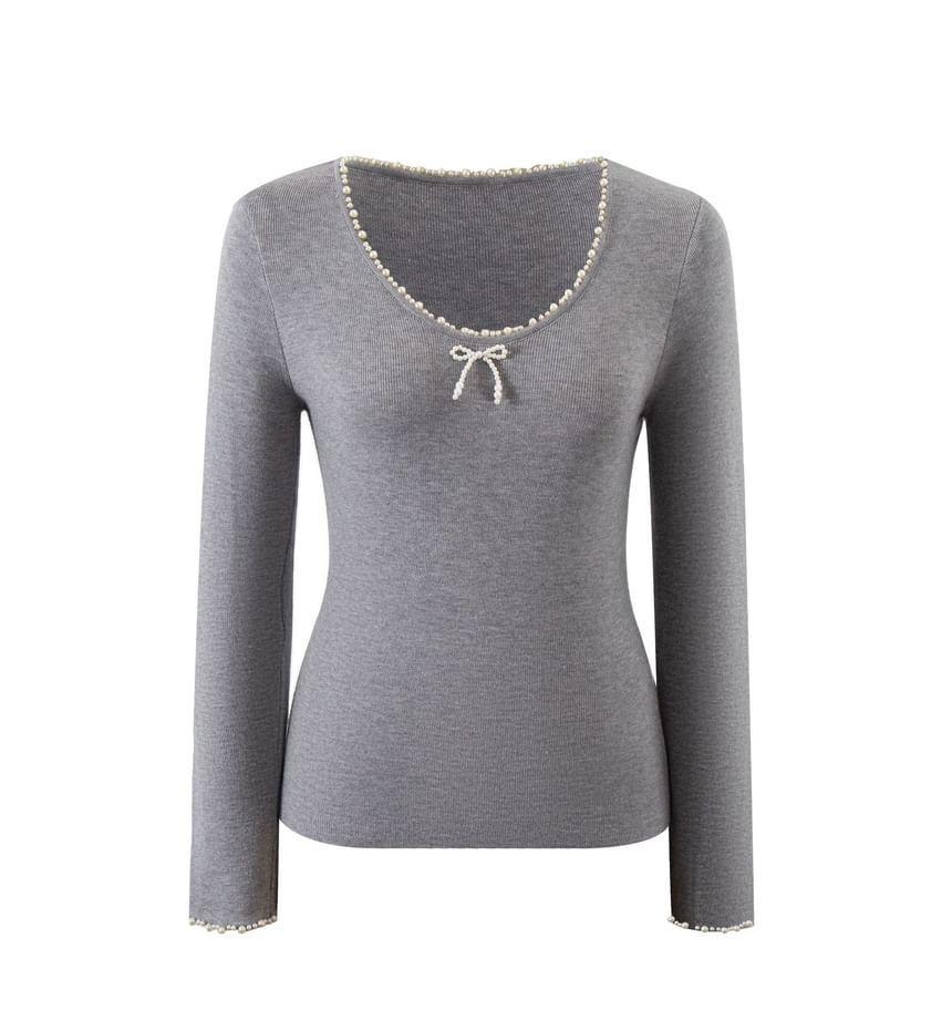 Long Sleeve Faux Pearl Bow Accent Slim-Fit Top Product Image