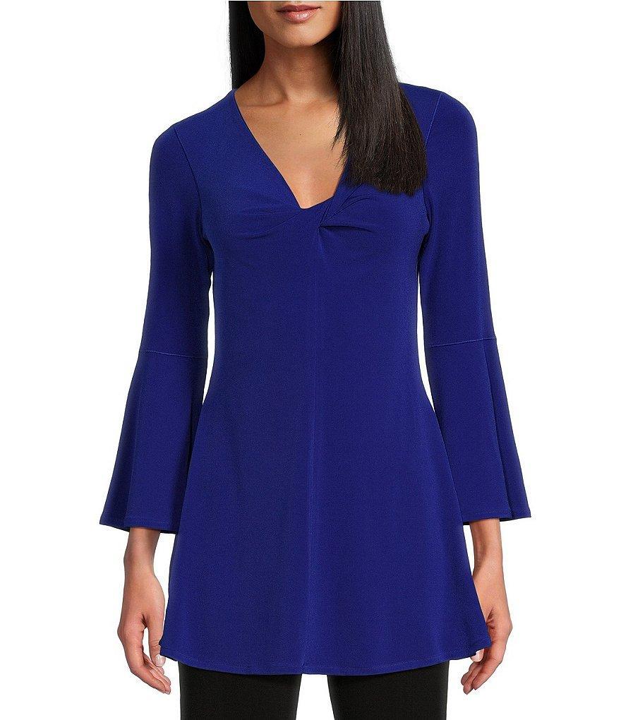 Eva Varro Solid Knit Jersey Twist V-Neck 3/4 Bell Sleeve Coordinating A-Line Tunic Product Image