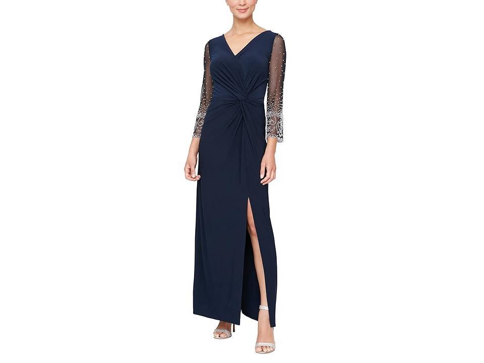 Alex Evenings Long Surplice Neckline Dress w/ Embellished Illusion Sleeves, Knot Front (Dark ) Women's Clothing Product Image