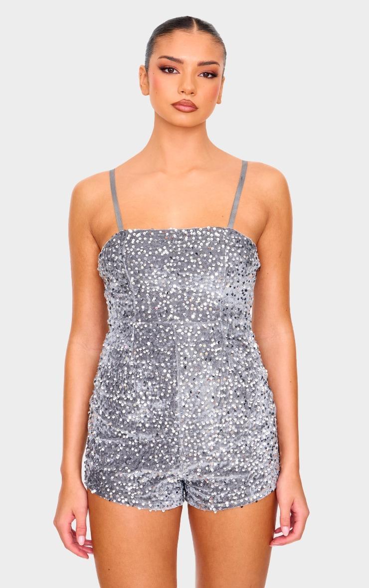 Silver Strappy Sequin Hot Pant Romper Product Image