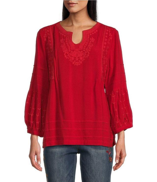 John Mark Embroidered Split Round Neck 3/4 Sleeve Tunic Top Product Image