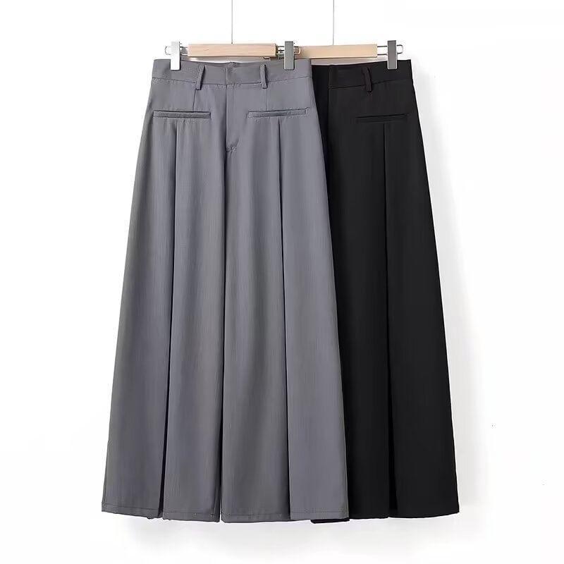 High Waist Plain Loose-Fit Wide-Leg Slacks Product Image