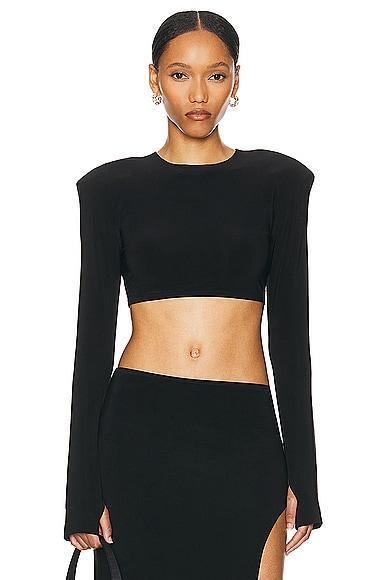 Norma Kamali Cropped Shoulder Pad Long Sleeve Crew Top Black. (also in L, XL). Product Image