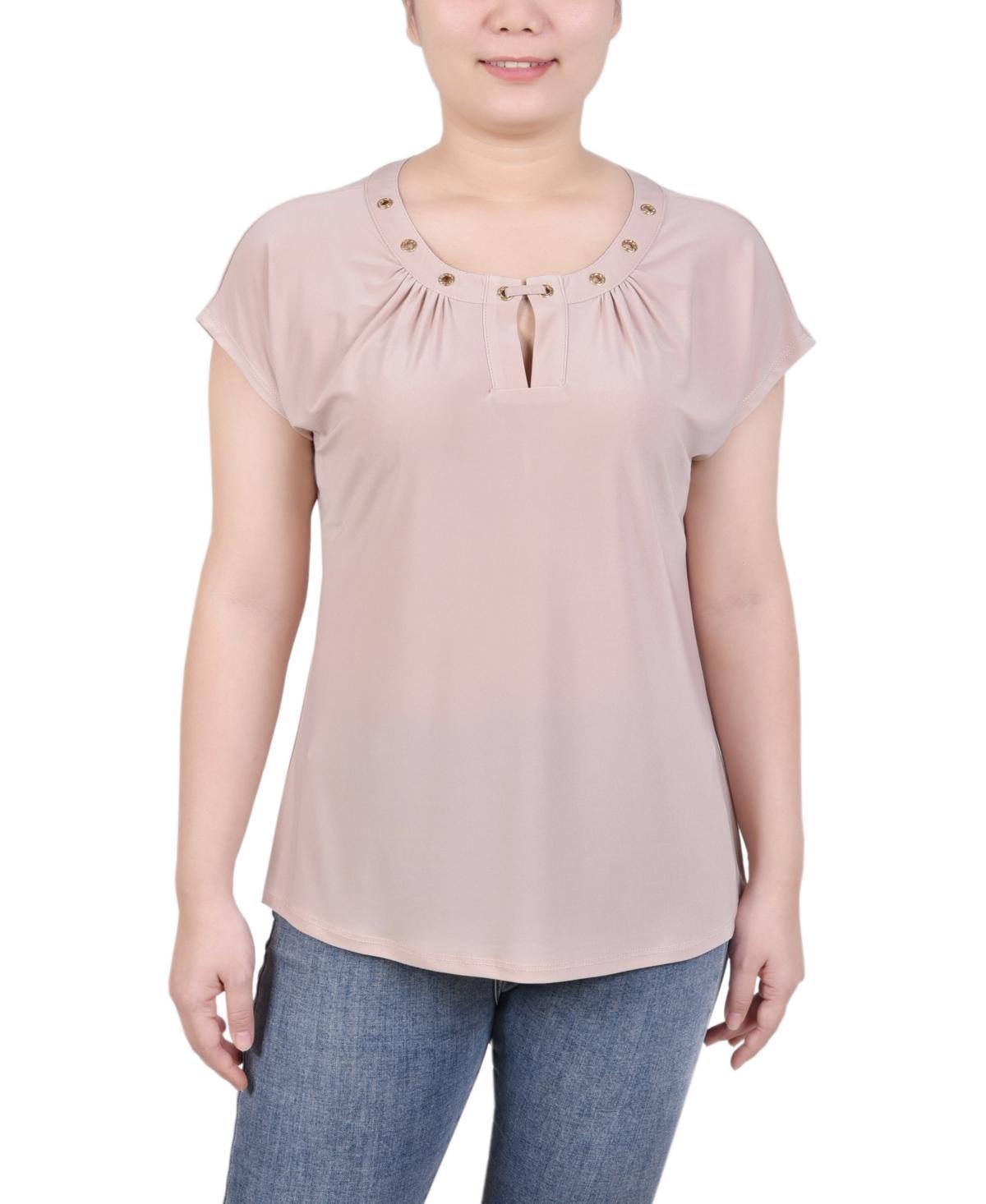 Ny Collection Petite Grommet Neck Knit Short Extended Sleeve Top Product Image