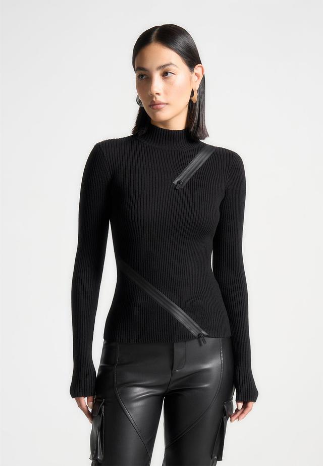 Zip Detail Ribbed High Neck Top - Black Female Product Image