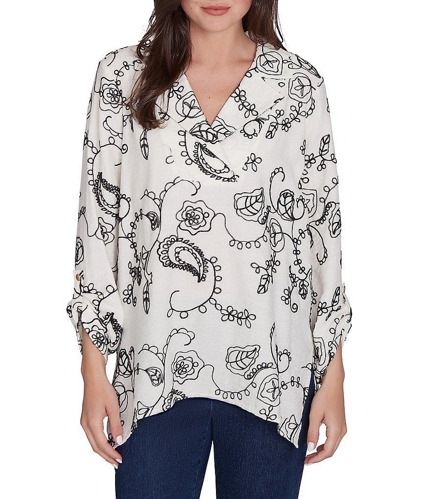 Ruby Rd. Woven Floral Embroidered Notch Collar 3/4 Roll-Tab Sleeve Top Product Image