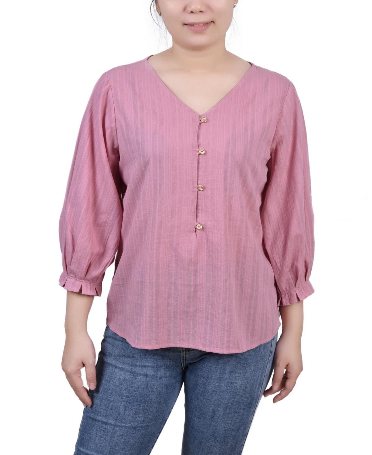 Petite Size 3/4 Sleeve Button Placket Jacquard Blouse Product Image