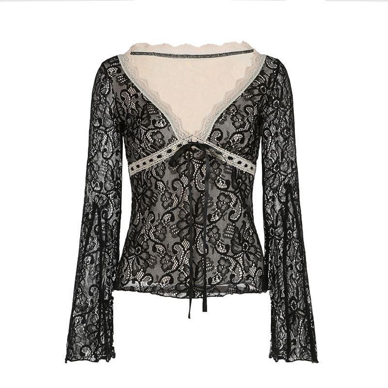 Long Sleeve V-Neck Lace Crop Top Product Image