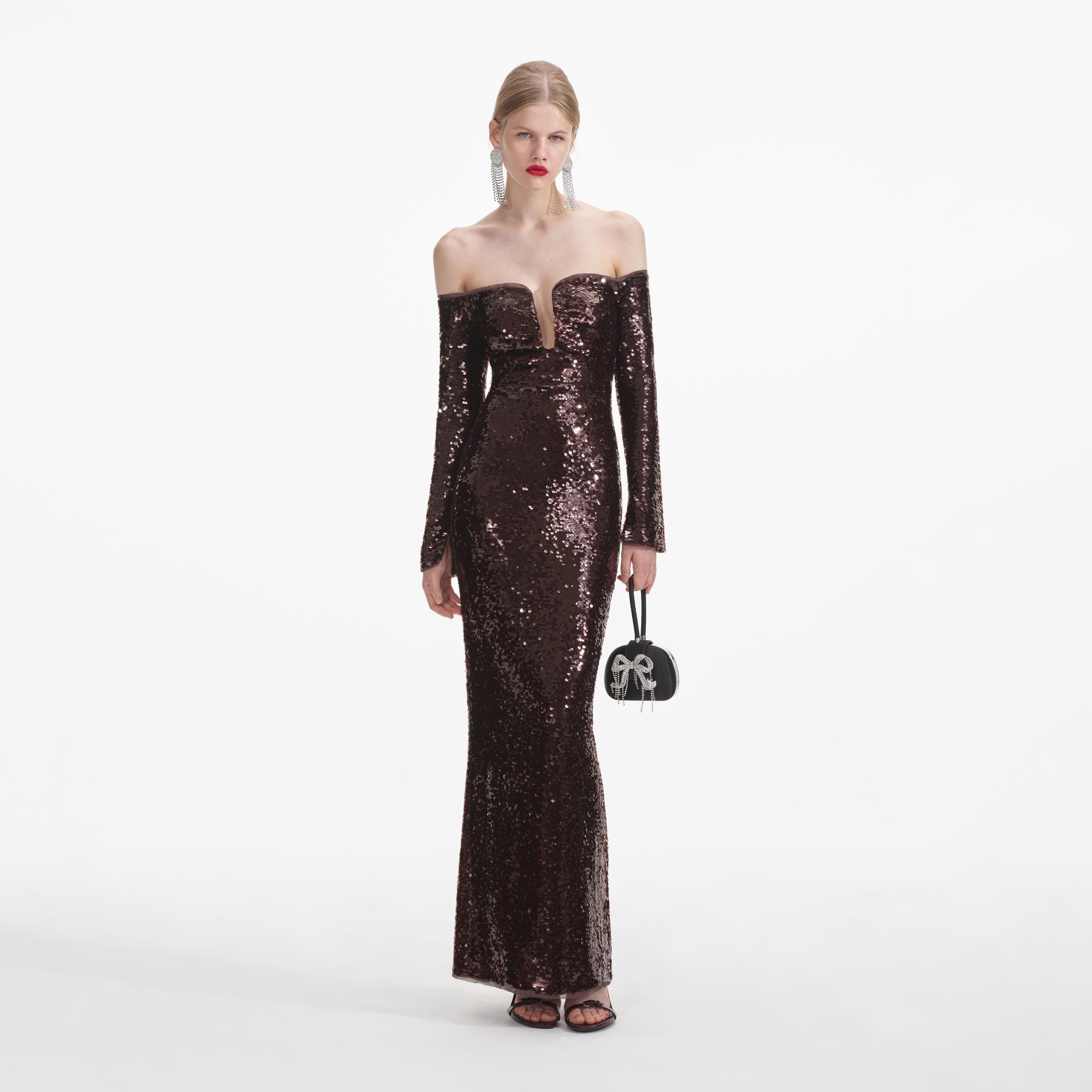 Brown Sequin Off Shoulder Maxi Dress Product Image