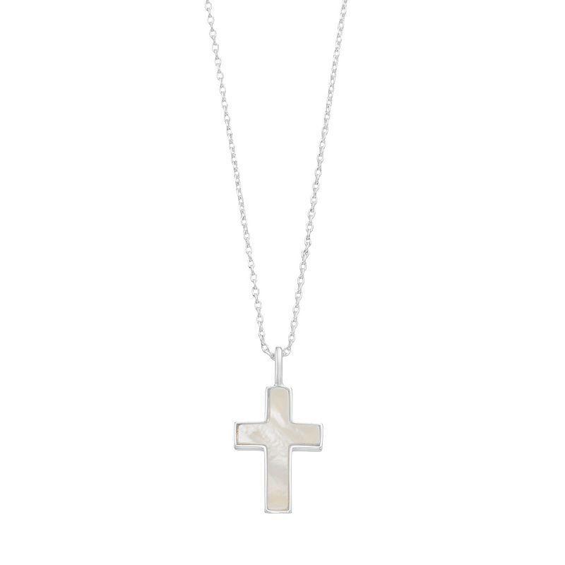 City Luxe Fine Silver Plated Mother-of-Pearl Cross Pendant Necklace, Womens, Silver Tone Product Image