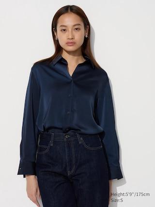 Womens Satin Blouse Long-Sleeve Navy XL UNIQLO US Product Image