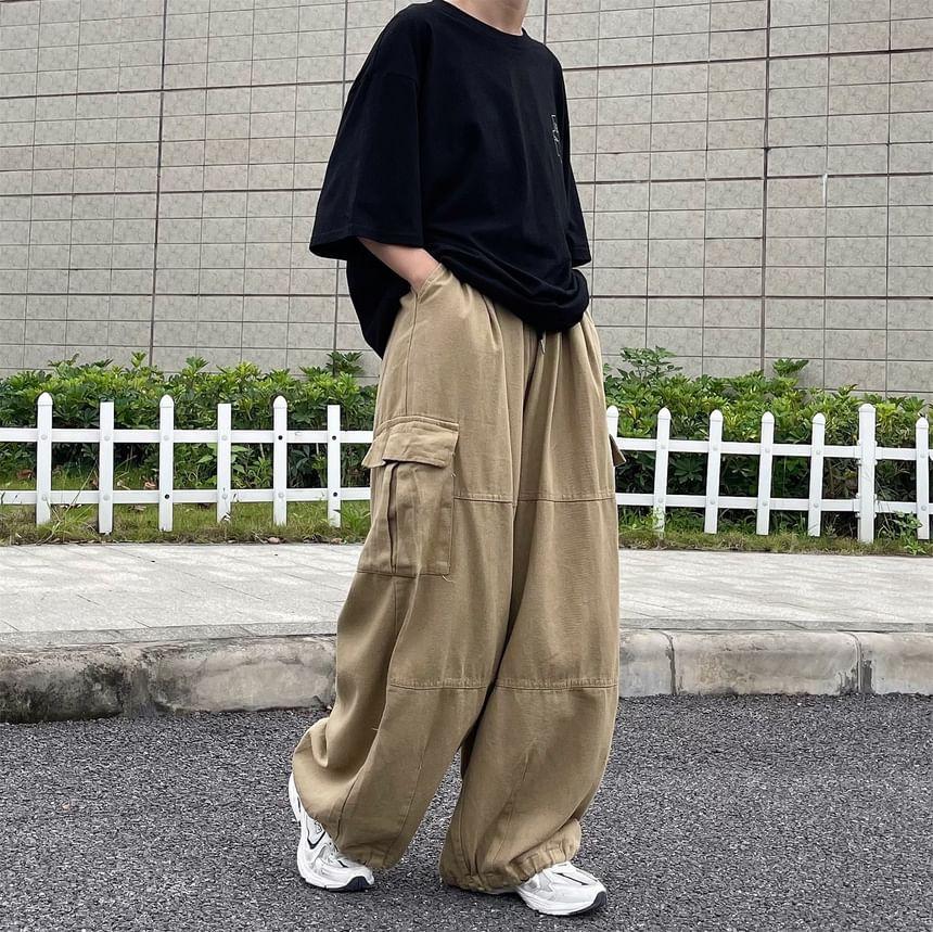 Elasticated Waist Wide-leg Cargo Pants Product Image