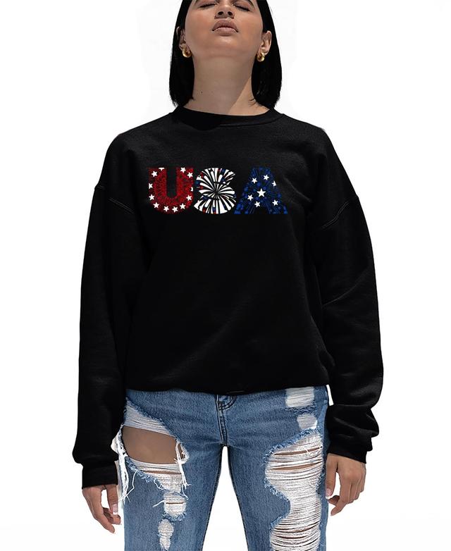 La Pop Art Womens Word Art Usa Fireworks Crewneck Sweatshirt Product Image